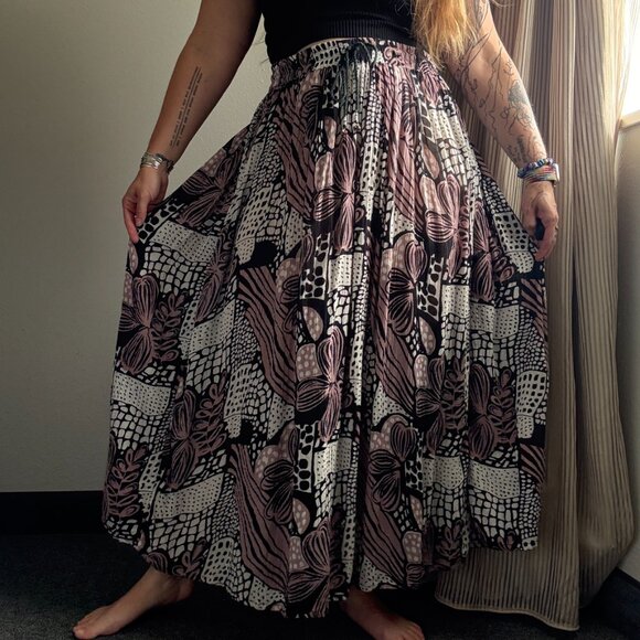 Vintage 90s Polka Dot Printed Broomstick Skirt Floral Op Art Elastic Waist L/XL - Picture 12 of 12